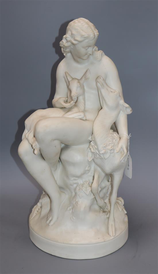 A parianware figure of a lady with deer and fawn, marked C.B. Birch.Sc.1866 height 49cm - deer ear damaged